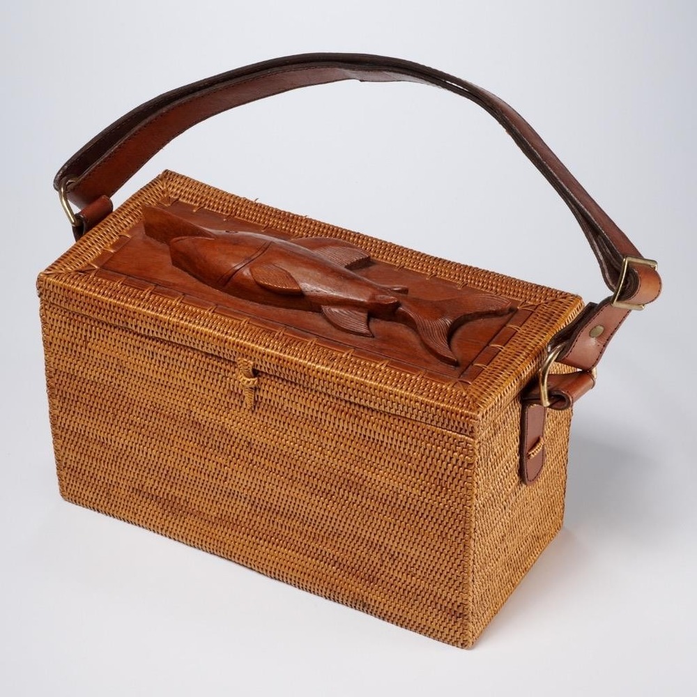 Vtg Hand Woven Rattan Wood Marlin Fish Swordfish Basket Box Purse Bag Iris Apfel